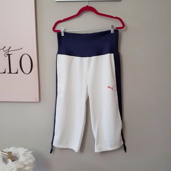 Preloved Puma white & contrasting blue grey wide leg cropped trackpants, L - Picture 4 of 12